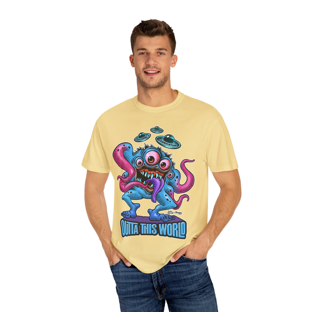 Monster 100% Cotton T-Shirt Featuring Our Newest Spaceport Monster Lan Roussel -Vintage Fit