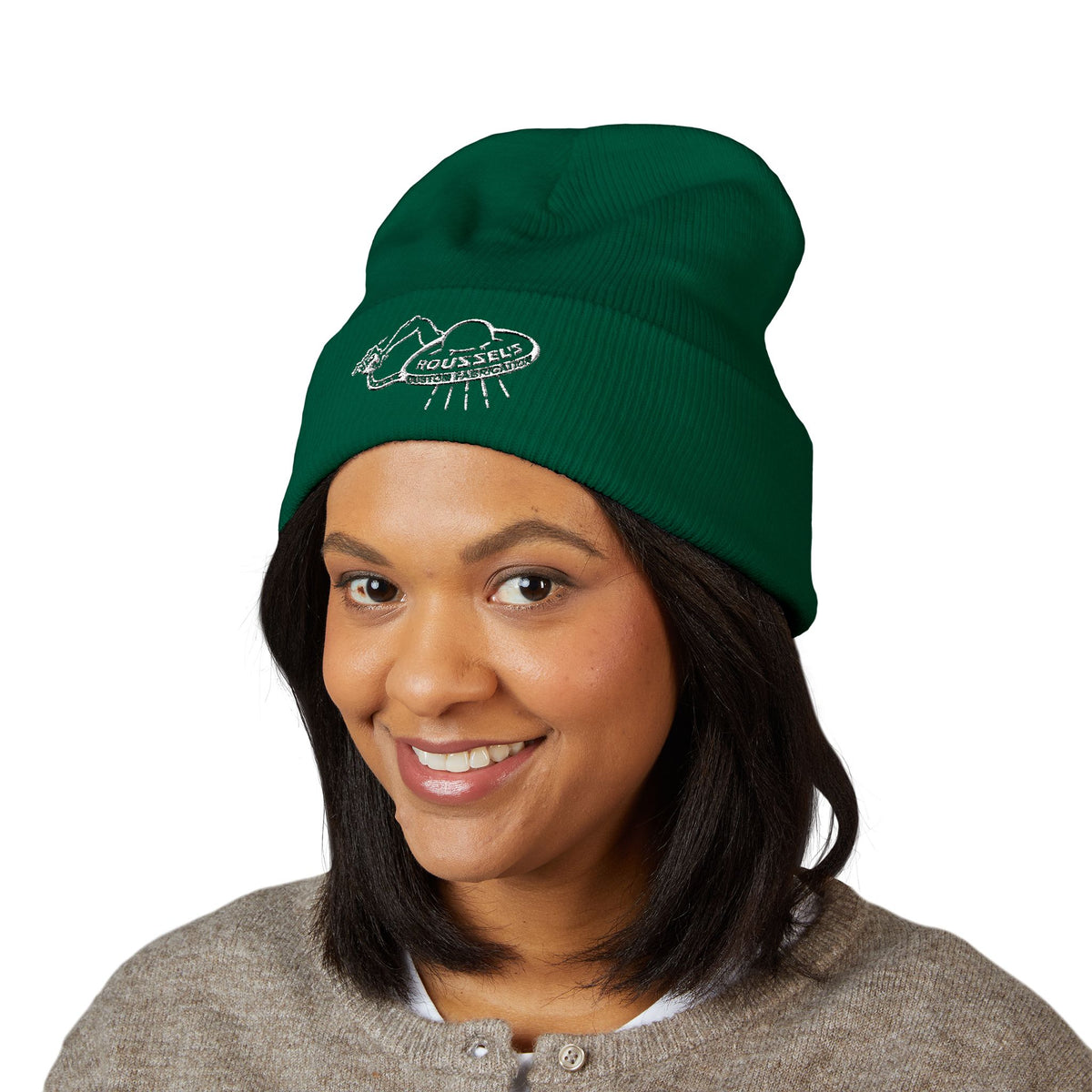 Cozy Winter Embroidered Beanie — Classic Cuffed Knit Hat Featuring Roussel's Outta This World UFO Design