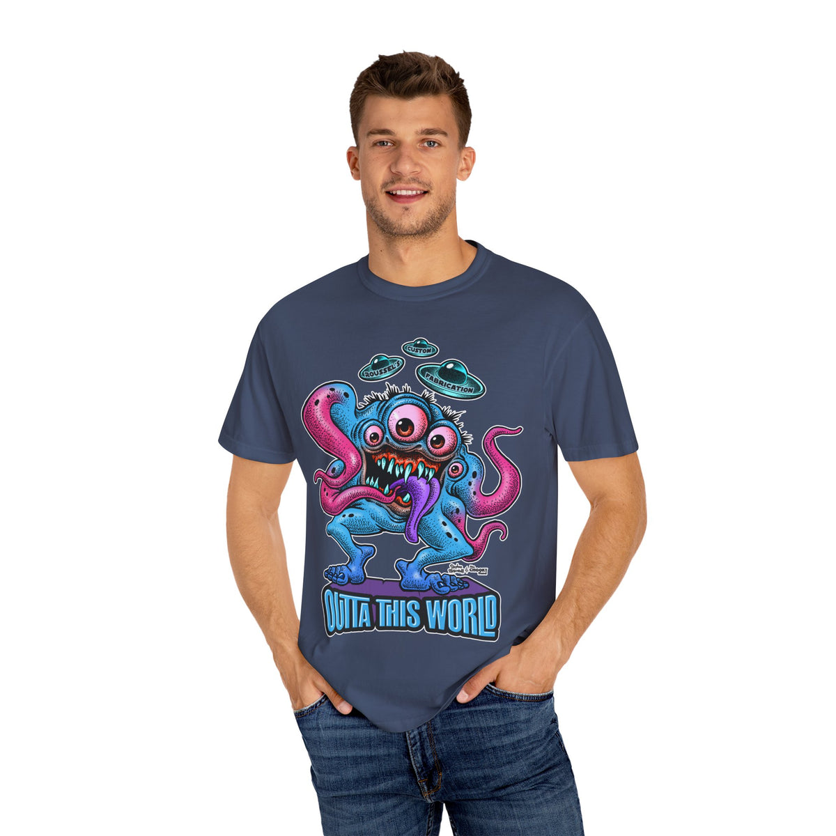 Monster 100% Cotton T-Shirt Featuring Our Newest Spaceport Monster Lan Roussel -Vintage Fit