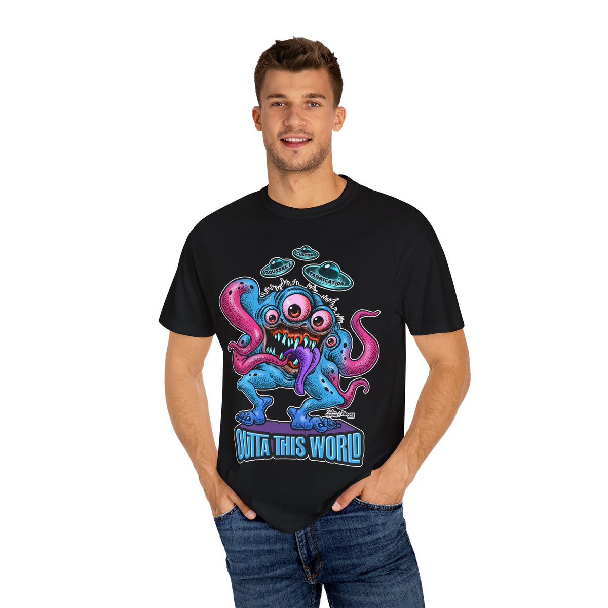 Monster 100% Cotton T-Shirt Featuring Our Newest Spaceport Monster Lan Roussel -Vintage Fit
