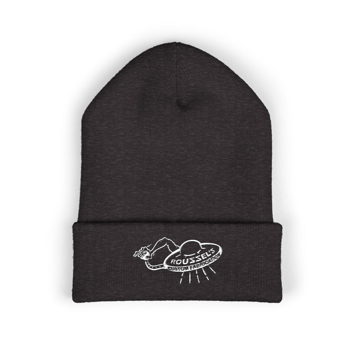 Cozy Winter Embroidered Beanie — Classic Cuffed Knit Hat Featuring Roussel's Outta This World UFO Design