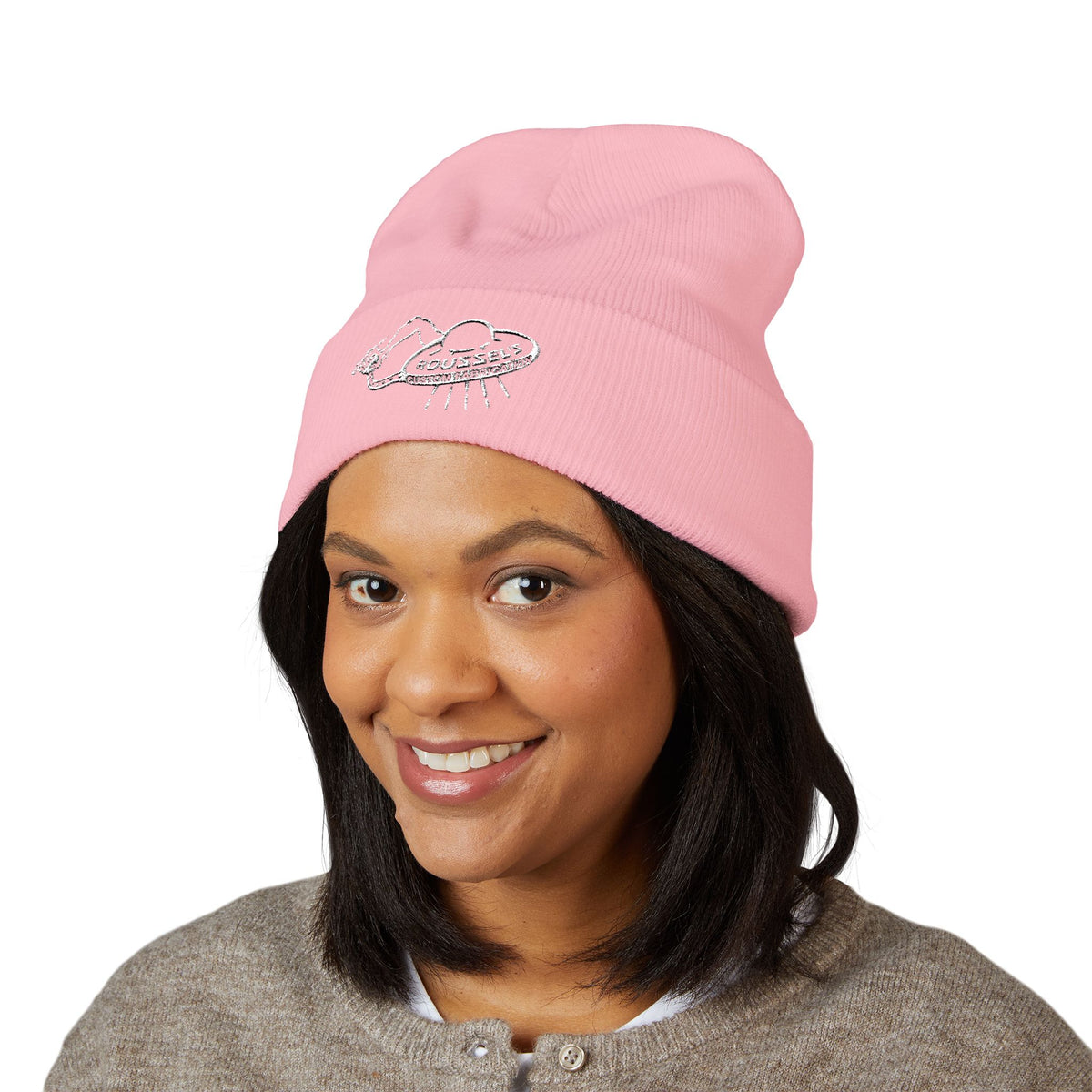 Cozy Winter Embroidered Beanie — Classic Cuffed Knit Hat Featuring Roussel's Outta This World UFO Design