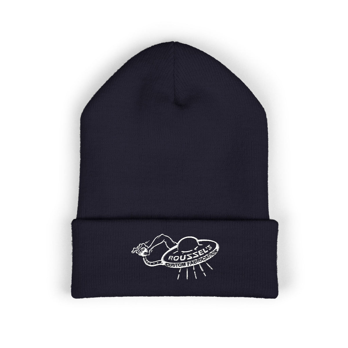 Cozy Winter Embroidered Beanie — Classic Cuffed Knit Hat Featuring Roussel's Outta This World UFO Design