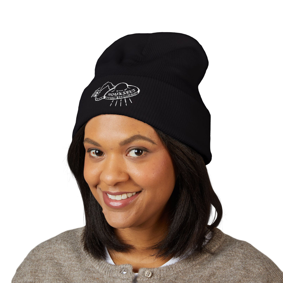 Cozy Winter Embroidered Beanie — Classic Cuffed Knit Hat Featuring Roussel's Outta This World UFO Design