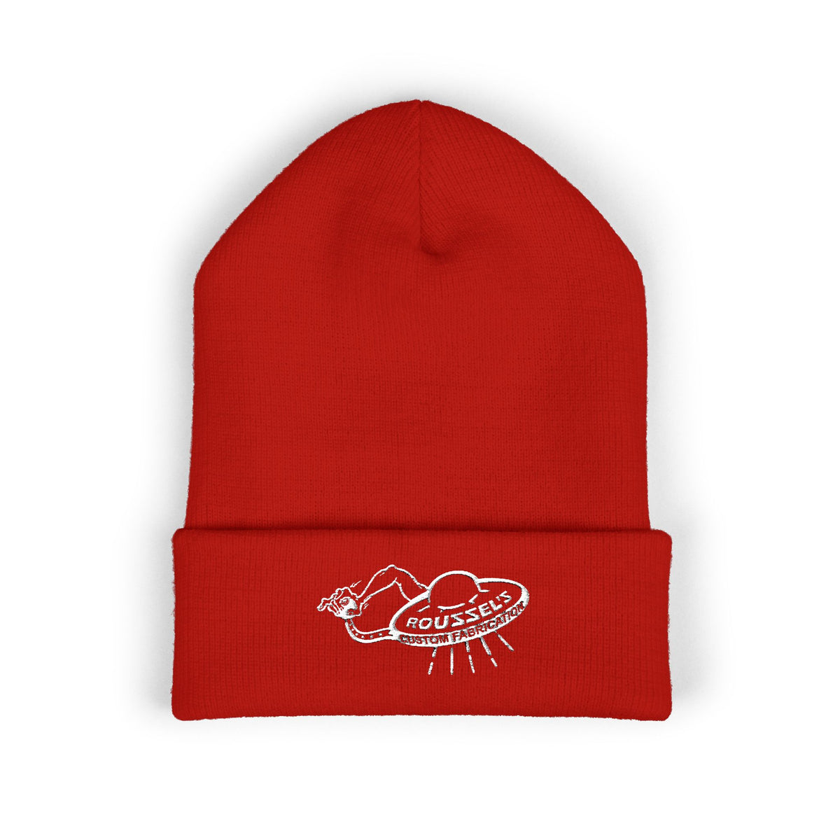 Cozy Winter Embroidered Beanie — Classic Cuffed Knit Hat Featuring Roussel's Outta This World UFO Design