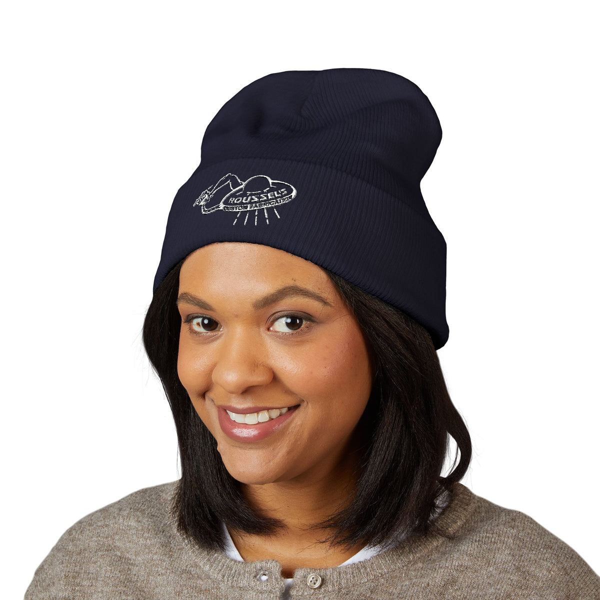 Cozy Winter Embroidered Beanie — Classic Cuffed Knit Hat Featuring Roussel's Outta This World UFO Design