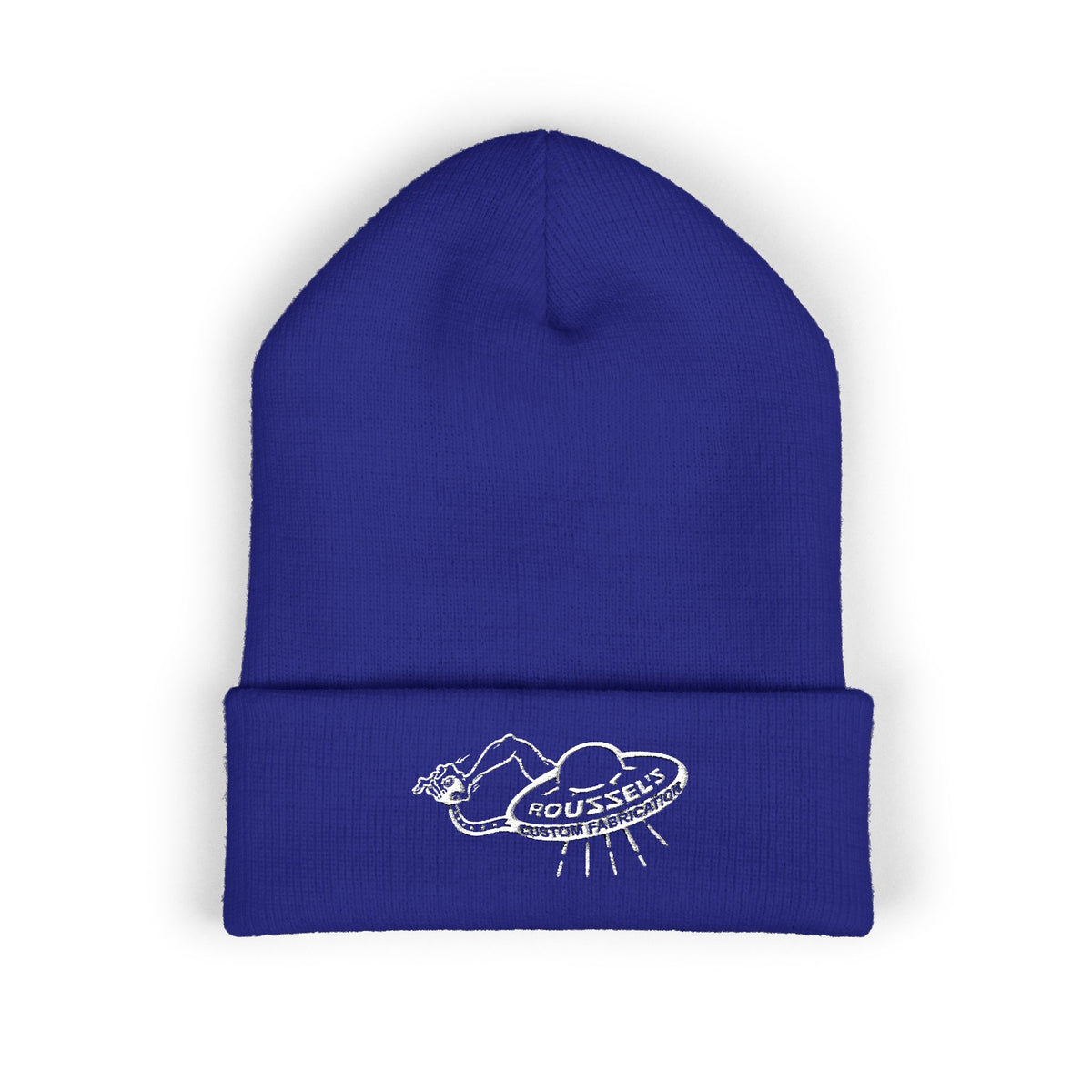 Cozy Winter Embroidered Beanie — Classic Cuffed Knit Hat Featuring Roussel's Outta This World UFO Design