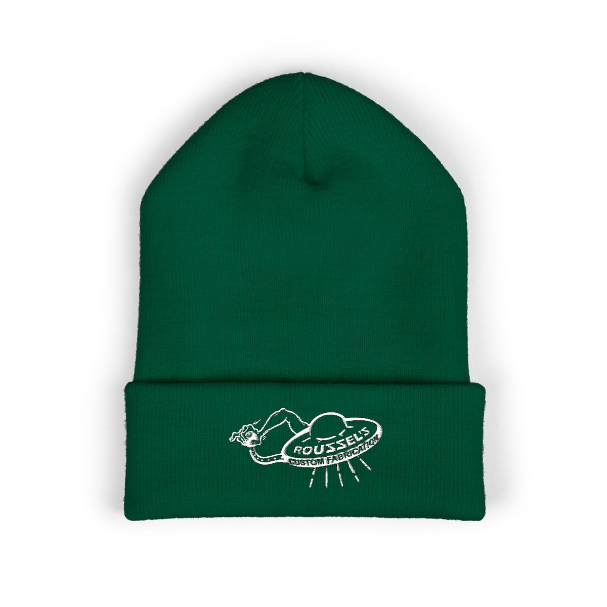 Cozy Winter Embroidered Beanie — Classic Cuffed Knit Hat Featuring Roussel's Outta This World UFO Design