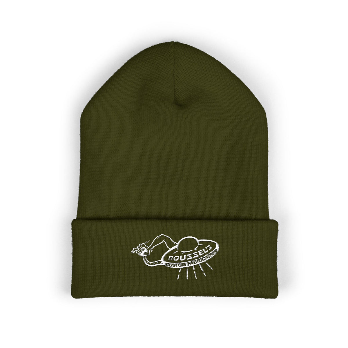 Cozy Winter Embroidered Beanie — Classic Cuffed Knit Hat Featuring Roussel's Outta This World UFO Design
