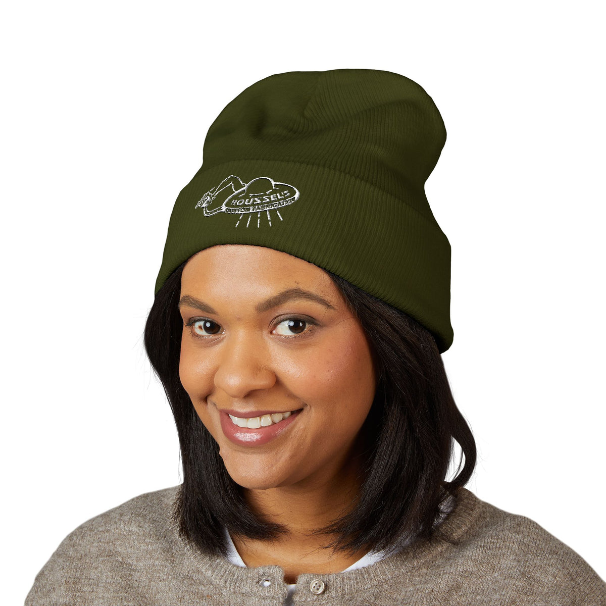 Cozy Winter Embroidered Beanie — Classic Cuffed Knit Hat Featuring Roussel's Outta This World UFO Design