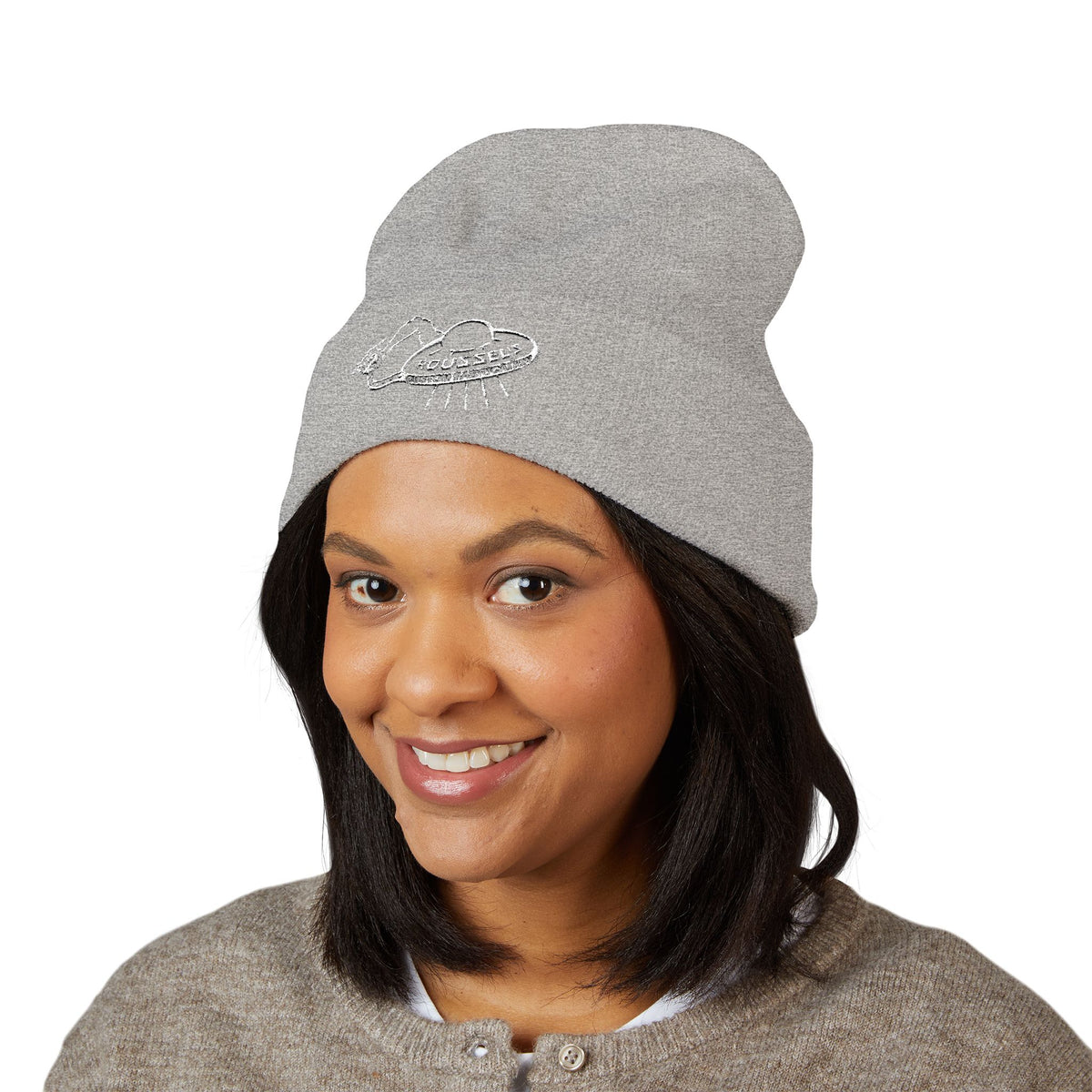 Cozy Winter Embroidered Beanie — Classic Cuffed Knit Hat Featuring Roussel's Outta This World UFO Design