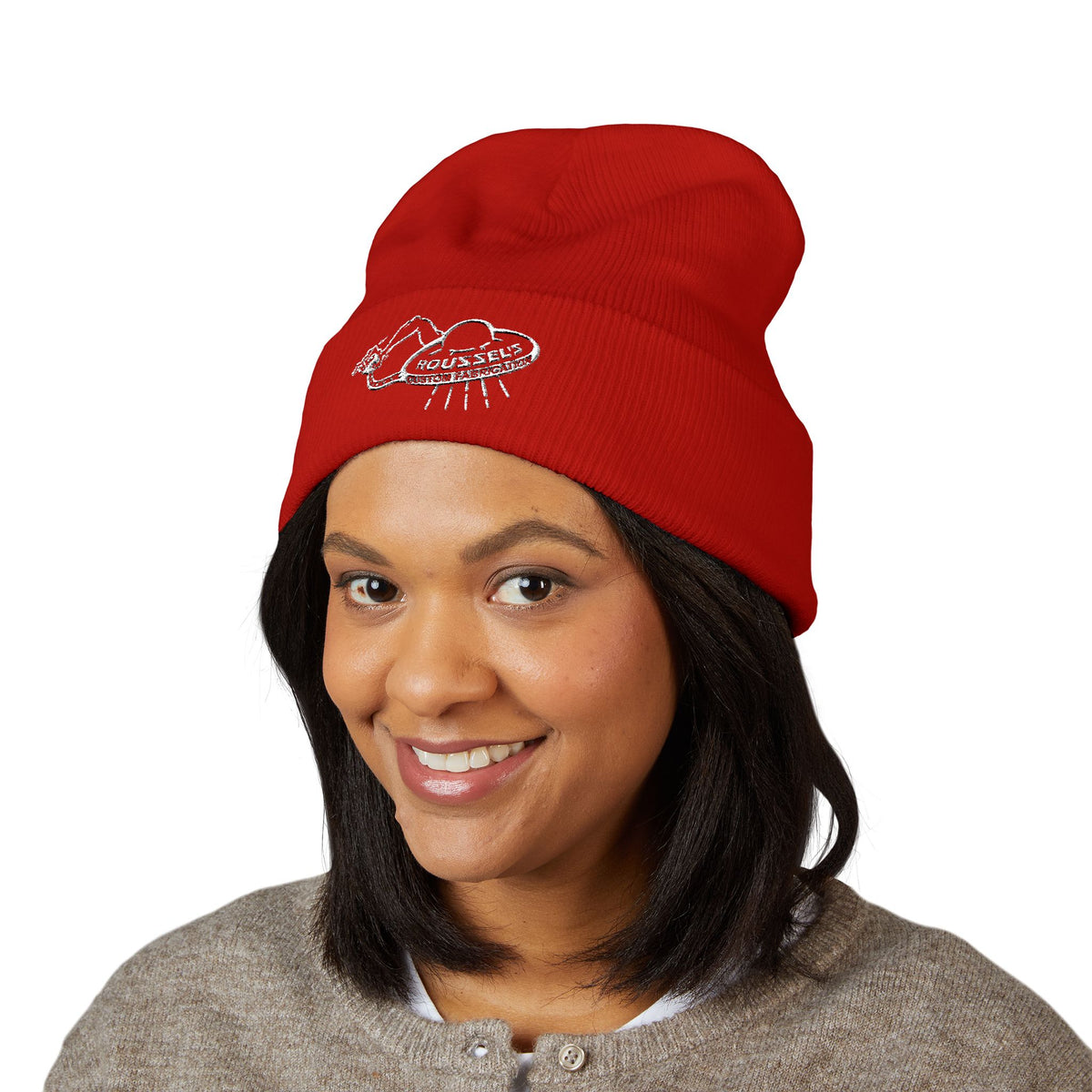 Cozy Winter Embroidered Beanie — Classic Cuffed Knit Hat Featuring Roussel's Outta This World UFO Design