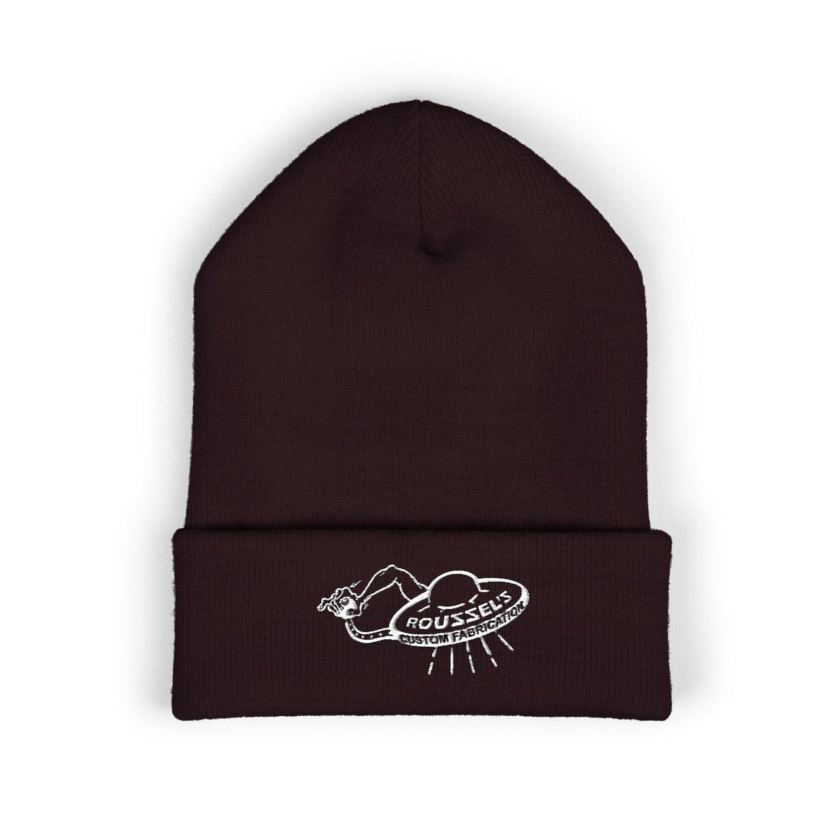 Cozy Winter Embroidered Beanie — Classic Cuffed Knit Hat Featuring Roussel's Outta This World UFO Design